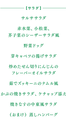 【サラダ】
●サルササラダ
●赤水菜、小松菜、芥子菜のシーザーサラダ風
●野菜ドッグ
●芽キャベツの揚げサラダ
●炒めたせん切りにんじんのフレーバーオイルサラダ
●茹でズッキーニのナムル風
●かぶの焼きサラダ、ケチャップ添え
●（おまけ）蒸しハンバーグ