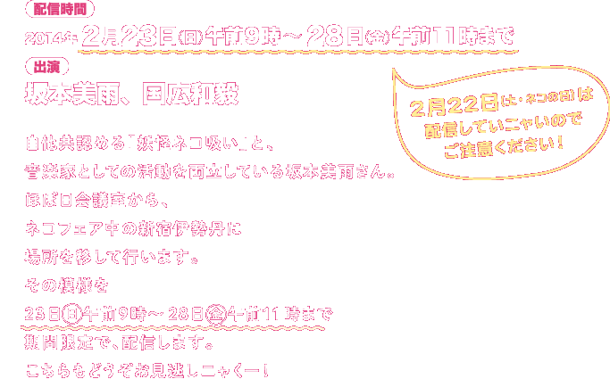 自他共認める「妖怪ネコ吸い」と、音楽家としての活動を両立している坂本美雨さん。ほぼ日会議室から、ネコフェア中の新宿伊勢丹に場所を移して行います。その模様を23日（日）午前９時～28日（金）午前11時まで期間限定で、配信します。こちらもどうぞお見逃しニャくー！ 配信時間：2014年２月23日（日）午前9時～28日（金）午前11時まで 2月22日（土・ネコの日）は配信していニャいのでご注意ください！ 出演：坂本美雨、国広和毅