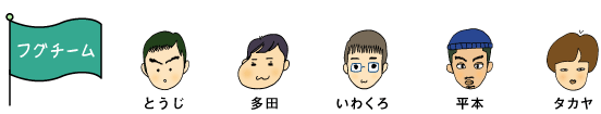 とうじ、多田、いわくろ、平本、タカヤ