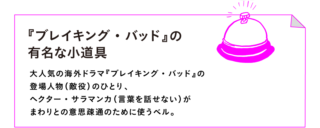 ◎『ブレイキング・バッド』の有名な小道具

大人気の海外ドラマ『ブレイキング・バッド』の
登場人物（敵役）のひとり、
ヘクター・サラマンカ（言葉を話せない）が
まわりとの意思疎通のために使うベル。