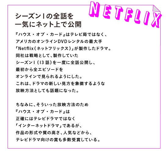 ◎シーズン１の全話を一気にネット上で公開

『ハウス・オブ・カード』はテレビ局ではなく、
アメリカのオンラインDVDレンタルの最大手
「Netflix（ネットフリックス）」が製作したドラマ。
同社は戦略として、製作していた
シーズン１（13話）を一度に全話公開し、
最初から全エピソードを
オンラインで見られるようにした。
これは、ドラマの新しい見方を象徴するような
放映方法としても話題になった。

ちなみに、そういった放映方法のため
『ハウス・オブ・カード』は
正確にはテレビドラマではなく
「インターネットドラマ」であるが、
作品の形式や質の高さ、人気などから、
テレビドラマ向けの賞も多数受賞している。
