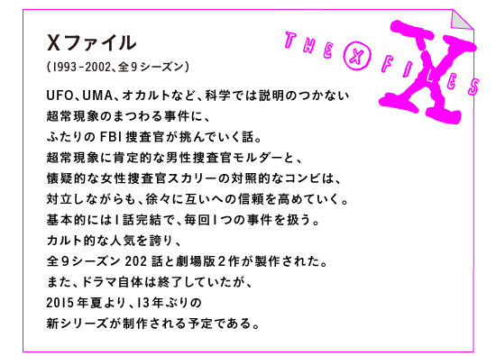 Ｘファイル（1993-2002、全９シーズン）

UFO、UMA、オカルトなど、科学では説明のつかない
超常現象のまつわる事件に、
ふたりのFBI捜査官が挑んでいく話。
超常現象に肯定的な男性捜査官モルダーと、
懐疑的な女性捜査官スカリーの対照的なコンビは、
対立しながらも、徐々に互いへの信頼を高めていく。
_基本的には１話完結で、毎回１つの事件を扱う。
カルト的な人気を誇り、
全９シーズン202話と劇場版２作が製作された。
また、ドラマ自体は終了していたが、
2015年夏より、13年ぶりの
新シリーズが制作される予定である。