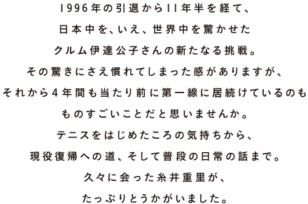 1996年の引退から11年半を経て、 日本中を、いえ、世界中を驚かせた クルム伊達公子さんの新たなる挑戦。 その驚きにさえ慣れてしまった感がありますが、 それから４年間も当たり前に第一線に居続けているのも ものすごいことだと思いませんか。 テニスをはじめたころの気持ちから、 現役復帰への道、そして普段の日常の話まで。 久々に会った糸井重里が、 たっぷりとうかがいました。