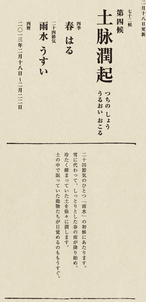 七十二候【第七十一候　水沢腹堅　さわみず　こおりつめる】
四季【冬　ふゆ】
二十四節気【大寒　だいかん】
西暦【2013年１月25日～１月29日】
沢の水に厚く氷が張っている、そんな風景は、
日本人に一年のうちでいちばん寒い季節にいることを
思い起こさせてくれます。
ニュースで、最低気温の記録が聞かれるのも
この時節が多いようです。
とはいえ、日も少しずつ長くなってきました。
春の足音も遠からず。
あとは暖かくなるのを待つばかりです。