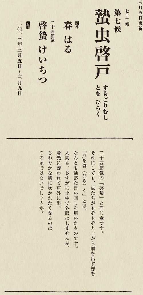 七十二候【第七十一候　水沢腹堅　さわみず　こおりつめる】
四季【冬　ふゆ】
二十四節気【大寒　だいかん】
西暦【2013年１月25日～１月29日】
沢の水に厚く氷が張っている、そんな風景は、
日本人に一年のうちでいちばん寒い季節にいることを
思い起こさせてくれます。
ニュースで、最低気温の記録が聞かれるのも
この時節が多いようです。
とはいえ、日も少しずつ長くなってきました。
春の足音も遠からず。
あとは暖かくなるのを待つばかりです。