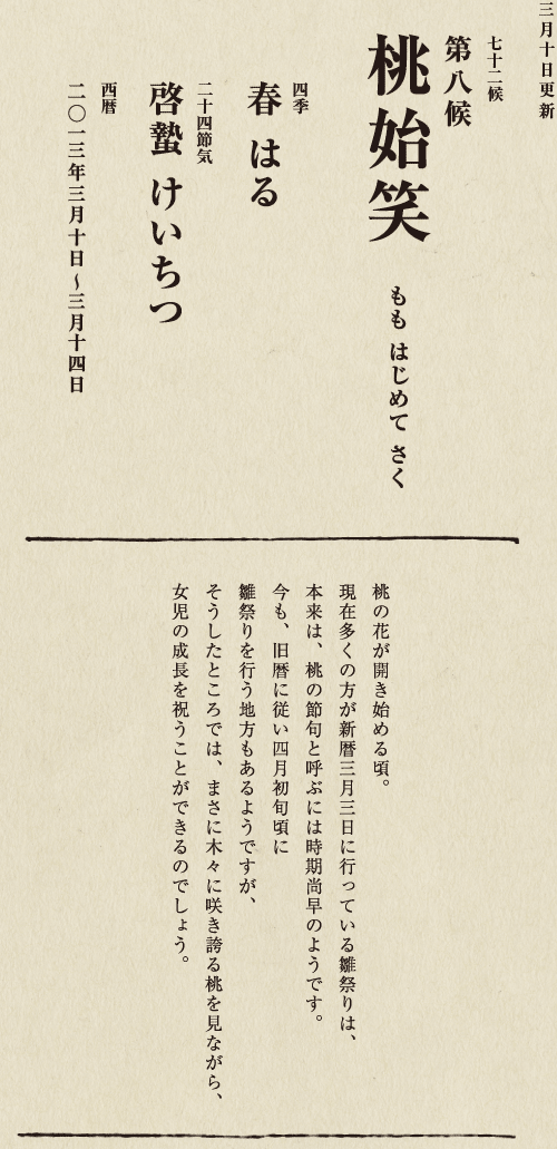 七十二候【第七十一候　水沢腹堅　さわみず　こおりつめる】
四季【冬　ふゆ】
二十四節気【大寒　だいかん】
西暦【2013年１月25日～１月29日】
沢の水に厚く氷が張っている、そんな風景は、
日本人に一年のうちでいちばん寒い季節にいることを
思い起こさせてくれます。
ニュースで、最低気温の記録が聞かれるのも
この時節が多いようです。
とはいえ、日も少しずつ長くなってきました。
春の足音も遠からず。
あとは暖かくなるのを待つばかりです。