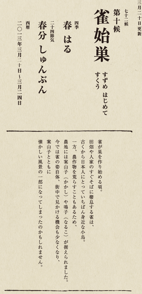 七十二候【第七十一候　水沢腹堅　さわみず　こおりつめる】
四季【冬　ふゆ】
二十四節気【大寒　だいかん】
西暦【2013年１月25日～１月29日】
沢の水に厚く氷が張っている、そんな風景は、
日本人に一年のうちでいちばん寒い季節にいることを
思い起こさせてくれます。
ニュースで、最低気温の記録が聞かれるのも
この時節が多いようです。
とはいえ、日も少しずつ長くなってきました。
春の足音も遠からず。
あとは暖かくなるのを待つばかりです。