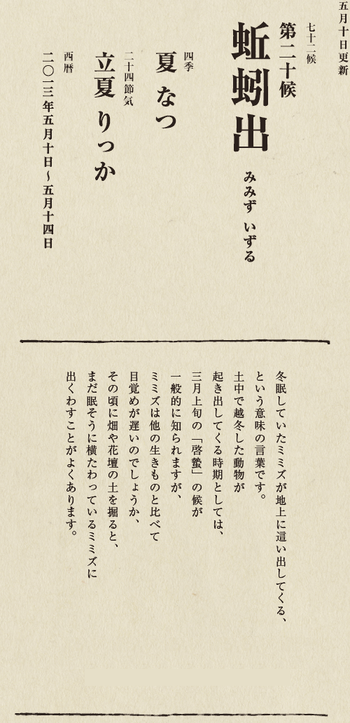 七十二候【第七十一候　水沢腹堅　さわみず　こおりつめる】
四季【冬　ふゆ】
二十四節気【大寒　だいかん】
西暦【2013年１月25日～１月29日】
沢の水に厚く氷が張っている、そんな風景は、
日本人に一年のうちでいちばん寒い季節にいることを
思い起こさせてくれます。
ニュースで、最低気温の記録が聞かれるのも
この時節が多いようです。
とはいえ、日も少しずつ長くなってきました。
春の足音も遠からず。
あとは暖かくなるのを待つばかりです。