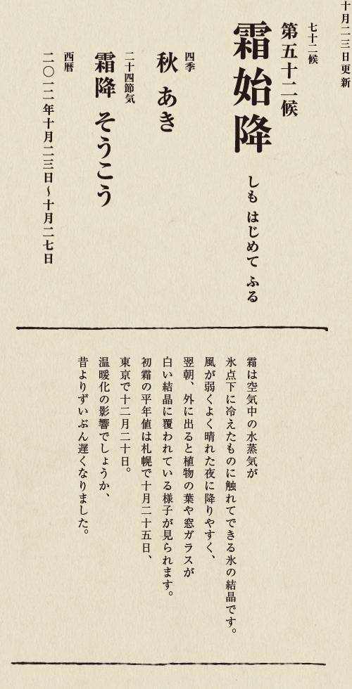 七十二候【第五十候　菊花開　きくの　はな　ひらく】

各地で菊の品評会や菊まつりが開かれる頃です。
旧暦九月九日は重陽（ちょうよう）の節句。
別名「菊の節句」といい、中国ではこの日、
菊の花を浸した菊花酒で不老長寿を祝う習慣がありました。
それが平安時代に日本へ伝わり、
宮中では高貴な人々が菊花酒を飲みながら
歌を詠み花を競う「菊合わせ」を楽しみました。
菊の花に真綿をかぶせて夜露と香りを移しとる
「被綿」（きせわた）という風雅な習わしも知られています。