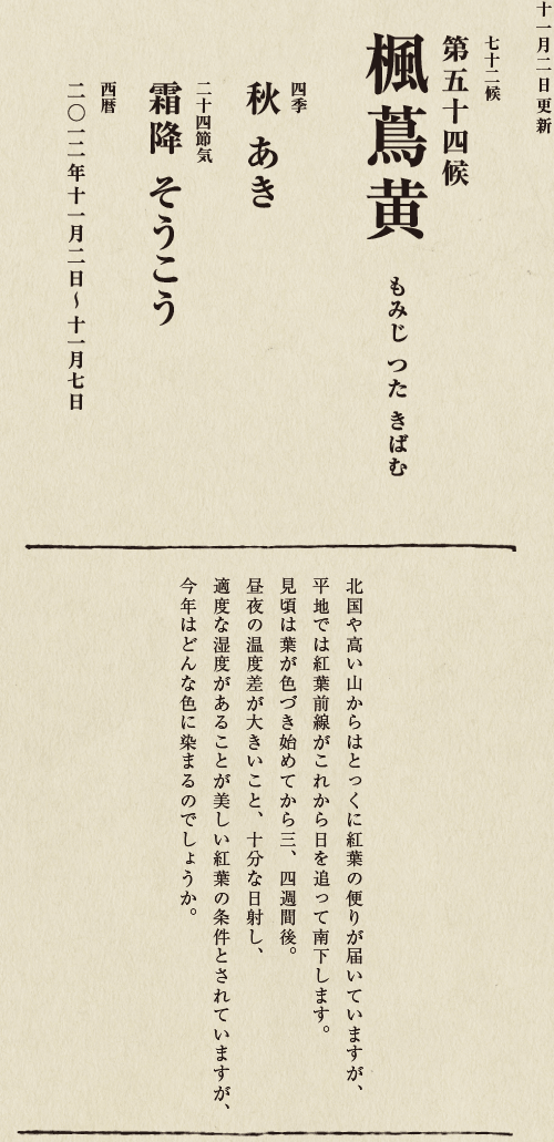 七十二候【第五十候　菊花開　きくの　はな　ひらく】

各地で菊の品評会や菊まつりが開かれる頃です。
旧暦九月九日は重陽（ちょうよう）の節句。
別名「菊の節句」といい、中国ではこの日、
菊の花を浸した菊花酒で不老長寿を祝う習慣がありました。
それが平安時代に日本へ伝わり、
宮中では高貴な人々が菊花酒を飲みながら
歌を詠み花を競う「菊合わせ」を楽しみました。
菊の花に真綿をかぶせて夜露と香りを移しとる
「被綿」（きせわた）という風雅な習わしも知られています。