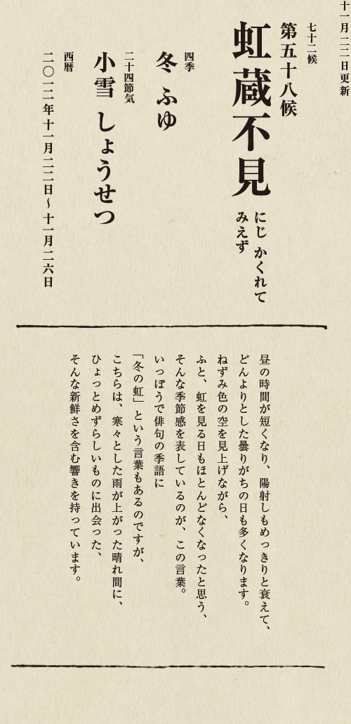 七十二候【第五十候　菊花開　きくの　はな　ひらく】

各地で菊の品評会や菊まつりが開かれる頃です。
旧暦九月九日は重陽（ちょうよう）の節句。
別名「菊の節句」といい、中国ではこの日、
菊の花を浸した菊花酒で不老長寿を祝う習慣がありました。
それが平安時代に日本へ伝わり、
宮中では高貴な人々が菊花酒を飲みながら
歌を詠み花を競う「菊合わせ」を楽しみました。
菊の花に真綿をかぶせて夜露と香りを移しとる
「被綿」（きせわた）という風雅な習わしも知られています。