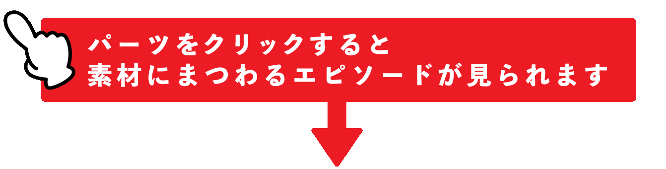 パーツをクリックすると素材にまつわるエピソードが見られます