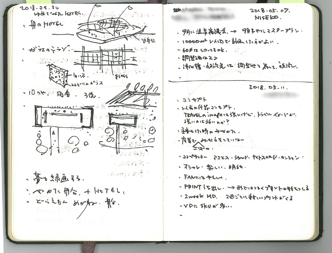 ▶谷尻さんのノート。「屋形船＋ホテル」から、どらえもんまで、さまざまな言葉が並ぶ。