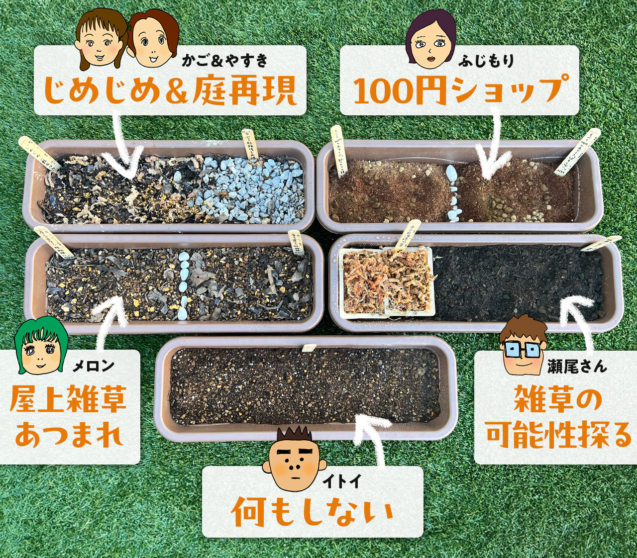 イトイ、瀬尾さん、かご＆やすき、ふじもり、メロン。それぞれの雑草プランター