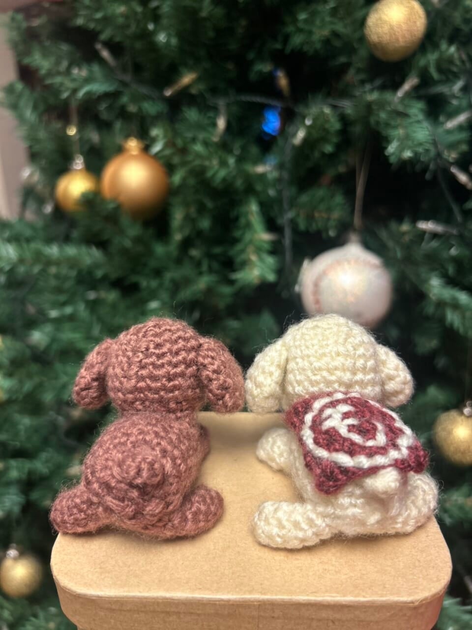 愛犬を亡くした後、息子の彼女のクリスマスプレゼントの編みぐるみ。泣けました。「も」は、亡くなった「もじゃ」のことです