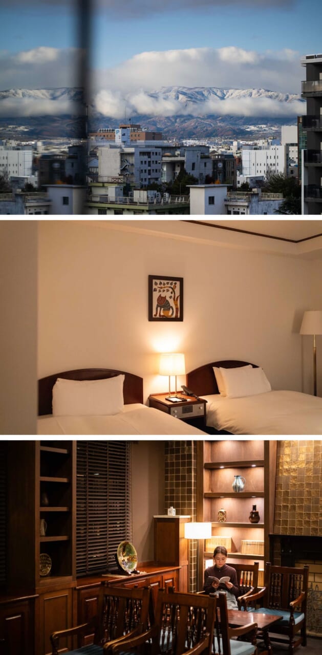 ▲宿泊は松本民芸家具の設え、クラシカルな雰囲気に浸れる「松本花月」にて。お部屋から雪をかぶった北アルプスの峰々を眺められた。