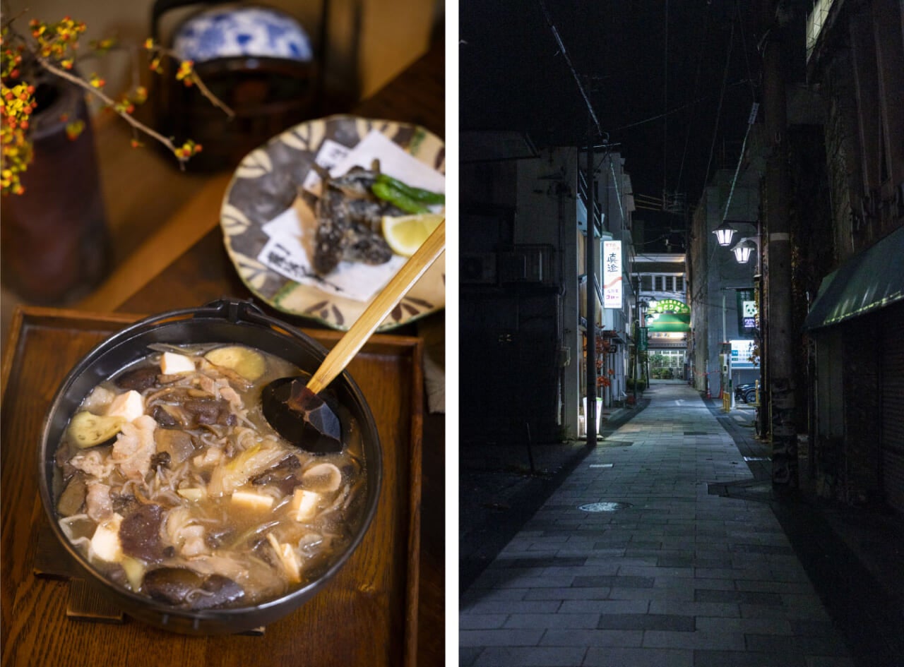 ▲夜は路地裏に点在する居酒屋で山の幸、川の幸に舌鼓をうつのも松本を訪れる楽しみのひとつ。