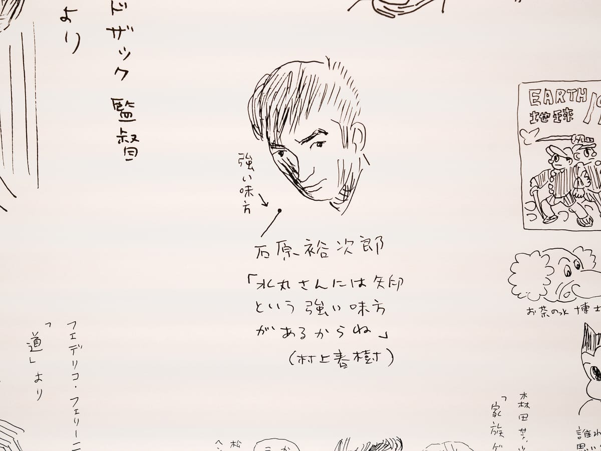 石原裕次郎の似顔絵。「水丸さんには矢印という強い味方があるからね」（村上春樹）と書かれています。