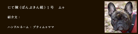 にて隊（ぱんぷきん組）1号　ムゥ
紹介文：
ハンドルネーム：プティムゥママ