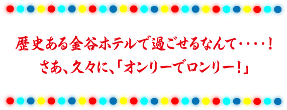 歴史ある金谷ホテルで過ごせるなんて‥‥！ さあ、久々に、「オンリーでロンリー！」