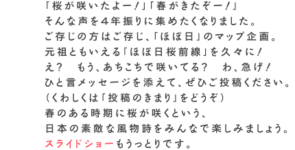 「桜が咲いたよー！」「春がきたぞー！」　 そんな声を４年振りに集めたくなりました。 ご存じの方はご存じ、「ほぼ日」のマップ企画。 元祖ともいえる「ほぼ日桜前線」を久々に！ え？　もう、あちこちで咲いてる？　わ、急げ！ ひと言メッセージを添えて、ぜひご投稿ください。 （くわしくは「投稿のきまり」をどうぞ） 春のある時期に桜が咲くという、 日本の素敵な風物詩をみんなで楽しみましょう。 スライドショーもうっとりです。