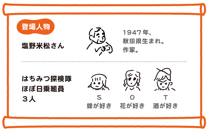 塩野米松さん、1947年、秋田県生まれ。作家。／はちみつ探検隊ほぼ日乗組員３人、S　蜂が好き、O　花が好き、T　酒が好き