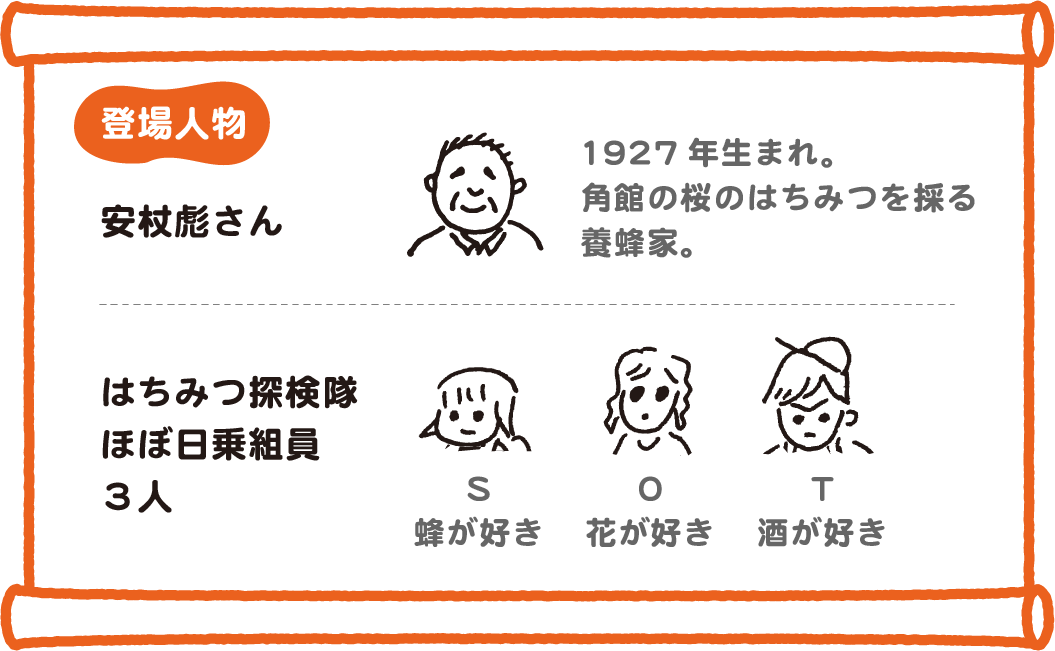 安杖彪さん、1927年生まれ。角館の桜のはちみつを採る養蜂家。／はちみつ探検隊ほぼ日乗組員３人、S　蜂が好き、O　花が好き、T　酒が好き