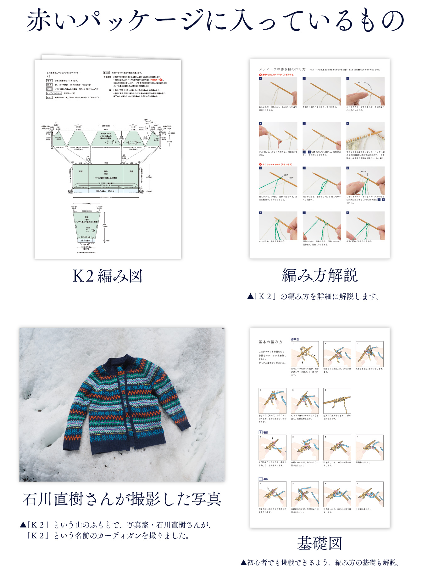 赤いパッケージに入っているもの

●Ｋ２ 編み図

●石川直樹さんが撮影した写真
