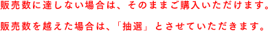 販売数に達しない場合は、そのままご購入いただけます。販売数を越えた場合は、「抽選」とさせていただきます。