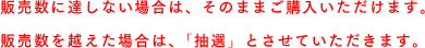 販売数に達しない場合は、そのままご購入いただけます。販売数を越えた場合は、「抽選」とさせていただきます。