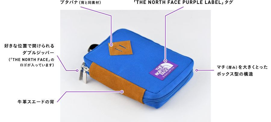 ・「THE NORTH FACE PURPLE LABEL」タグ・好きな位置で開けられるダブルジッパー（「THE NORTH FACE」のロゴが入っています）・牛革スエードの背・ブタバナ（背と同素材）・マチ（厚み）を大きくとったボックス型の構造