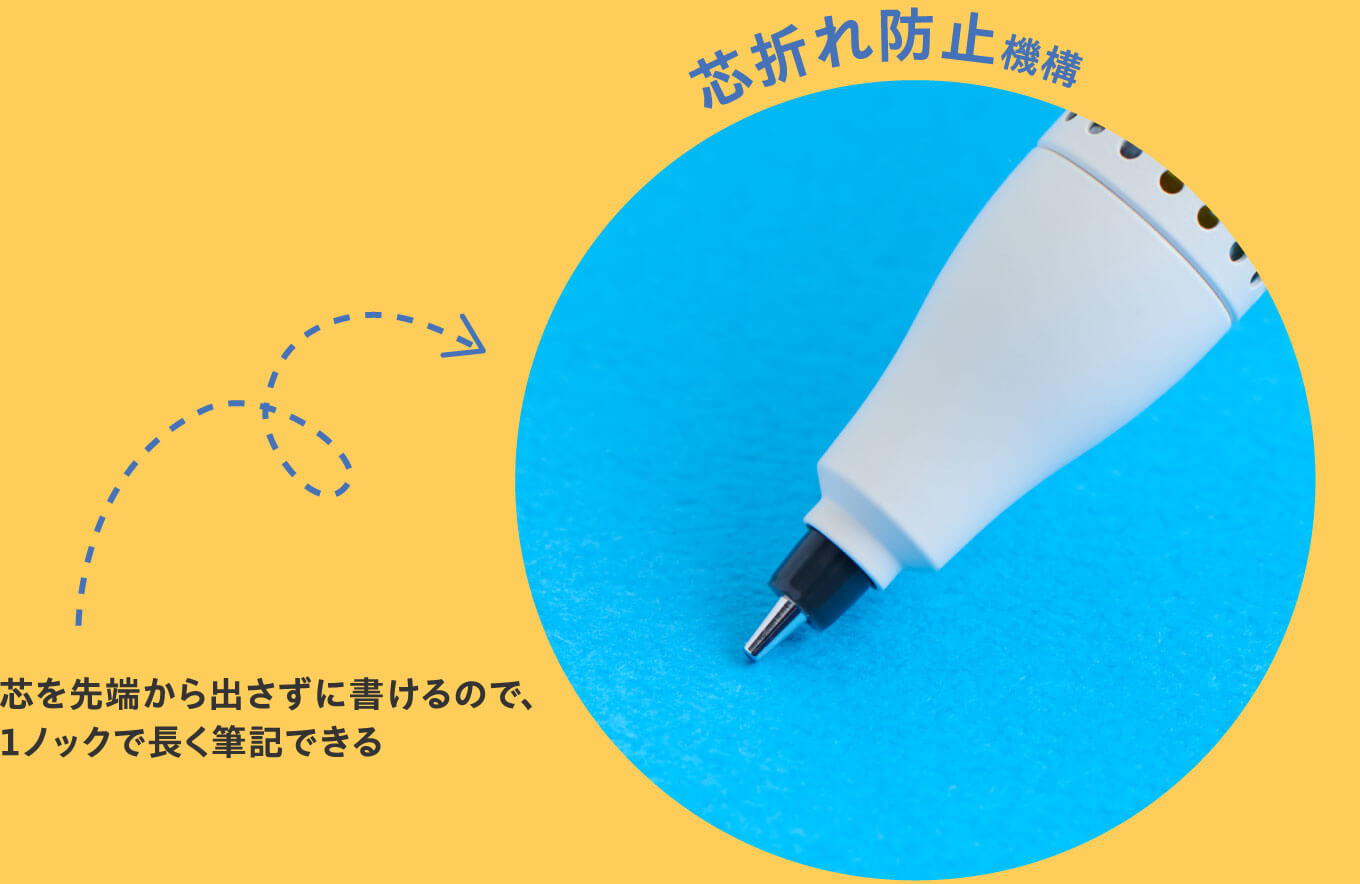 芯折れ防止機構
                      芯を先端から出さずに書けるので、
                      １ノックで長く筆記できる