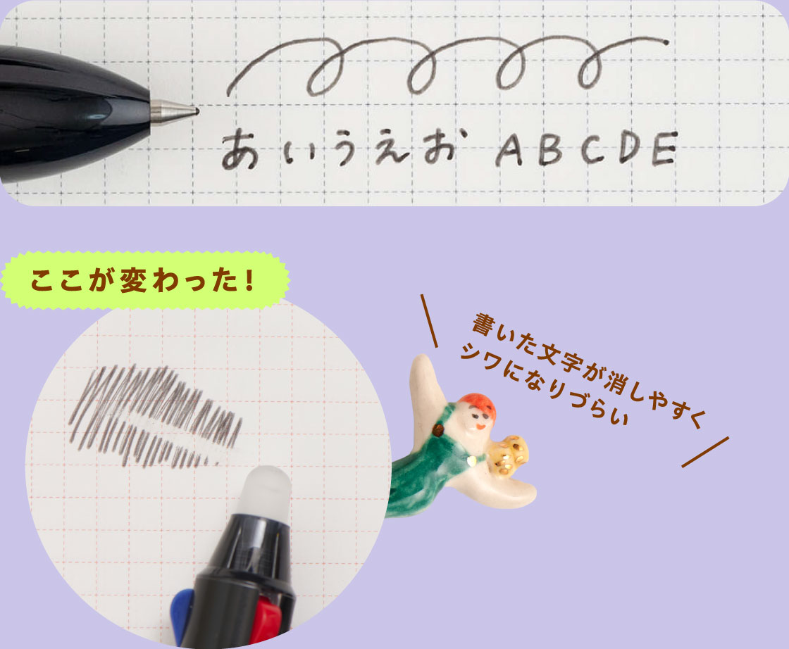 ここが変わった！
                        書いた文字が消しやすく
                        シワになりづらい