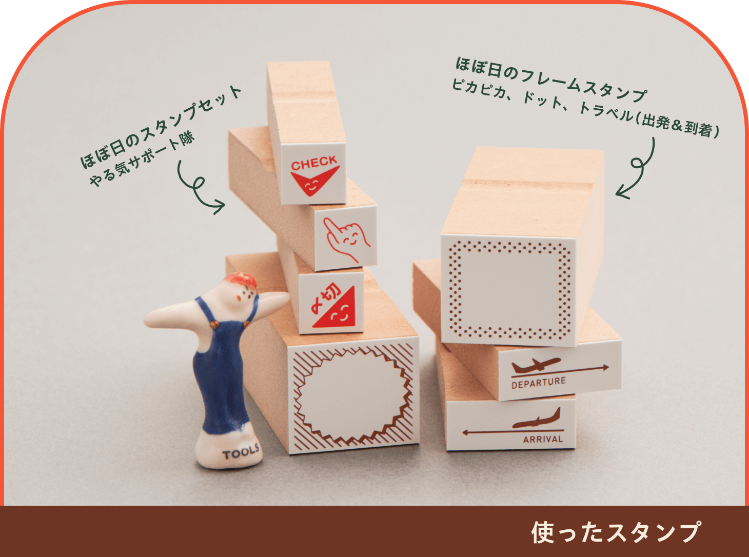 使ったスタンプ
              ◎ほぼ日のフレームスタンプ／ピカピカ、ドット、トラベル（出発＆到着）
              ◎ほぼ日のスタンプセット やる気サポート隊