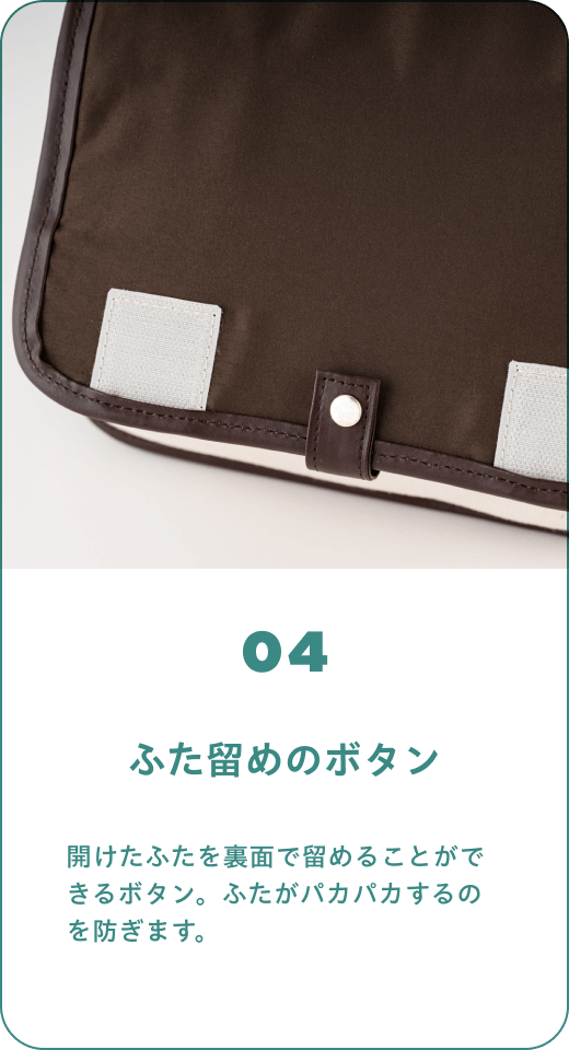 04 ふた留めのボタン　開けたふたを裏面で留めることができるボタン。ふたがパカパカするのを防ぎます。