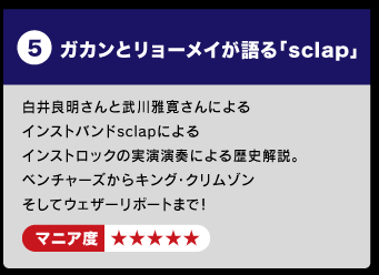 ５：ガカンとリョーメイが語る「sclap」 　　白井良明さんと武川雅寛さんによるインストバンドsclapによる 　　インストロックの実演演奏による歴史解説。 　　ベンチャーズからキング・クリムゾン 　　そしてウェザーリポートまで！ 　　マニア度☆☆☆☆☆