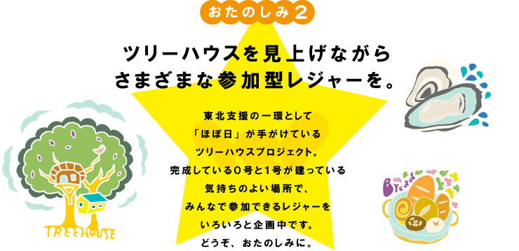 おたのしみ２ツリーハウスを見上げながらさまざまな参加型レジャーを。東北支援の一環として「ほぼ日」が手がけているツリーハウスプロジェクト。完成している０号と１号が建っている気持ちのよい場所で、みんなで参加できるレジャーをいろいろと企画中です。どうぞ、おたのしみに。